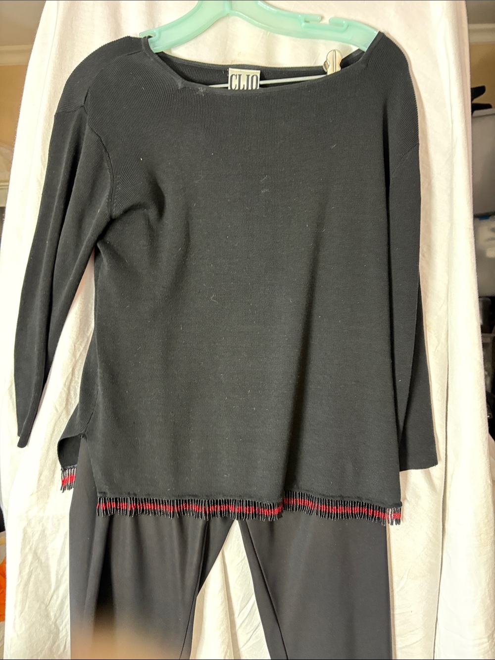 Clio Black Long-Sleeve Boatneck Top and Pants with Red-Trim  fringe
